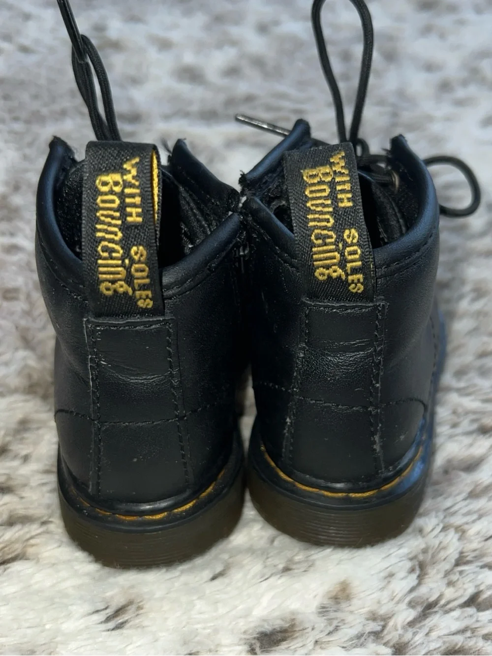 Dr. Martens Kids Black Leather Lace-Up Boots with Yellow Stitching